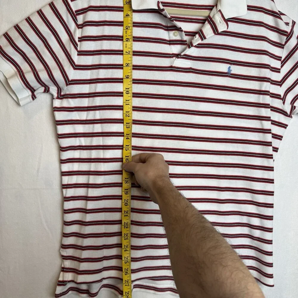 Polo Ralph Lauren Mens‎ Red White Striped Knit Short Polo Shirt Blue Pony Size L